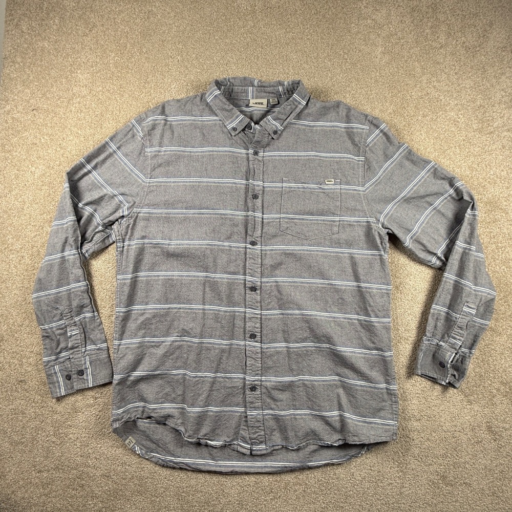 Vans Mens XXL Grey Striped Long Sleeve‎ Button Down Shirt Skate Casual Pocket
